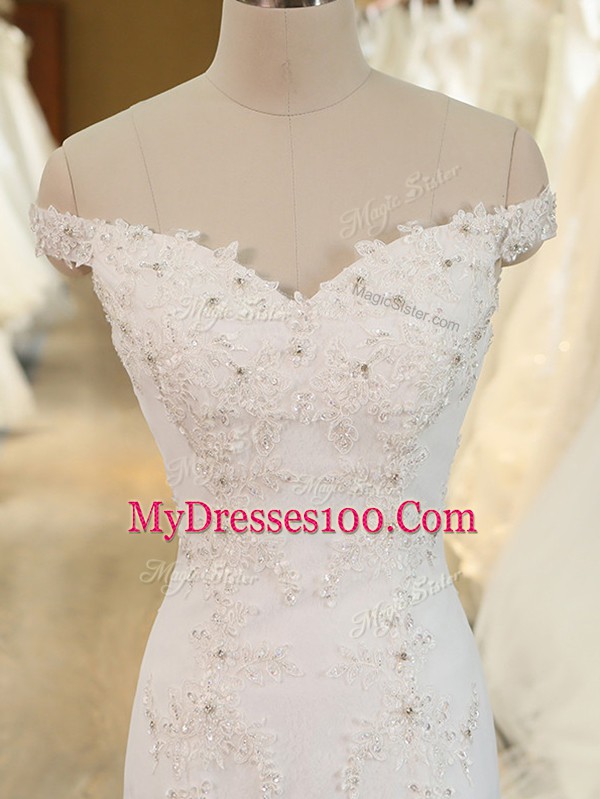 Top Selling Sleeveless Tulle Brush Train Zipper Wedding Dress in White with Beading and Appliques