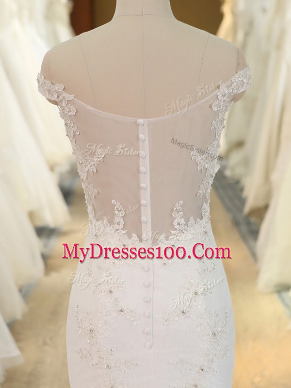 Top Selling Sleeveless Tulle Brush Train Zipper Wedding Dress in White with Beading and Appliques