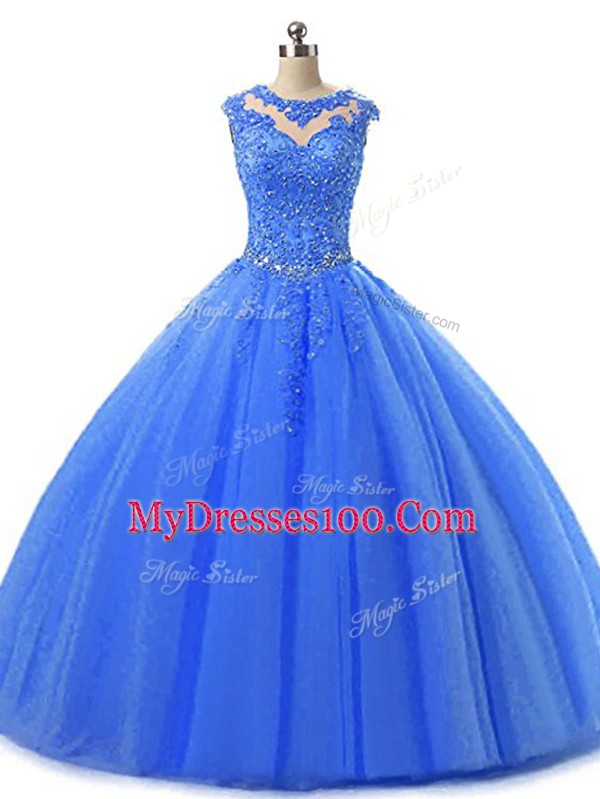 Floor Length Lace Up Quinceanera Gown Blue for Military Ball and Sweet 16 and Quinceanera with Beading and Lace