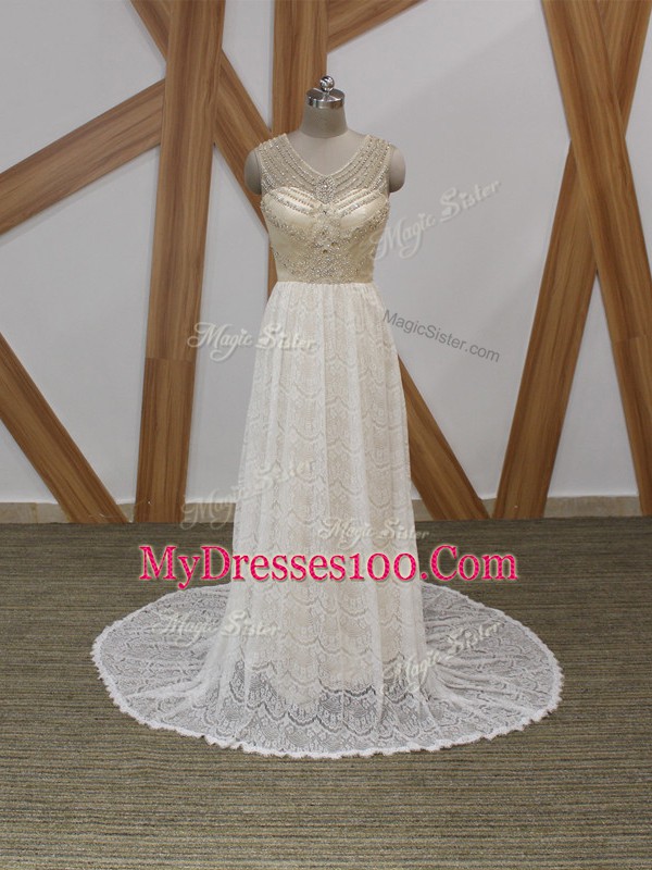 Fitting Sleeveless Brush Train Side Zipper Beading and Lace Wedding Dress