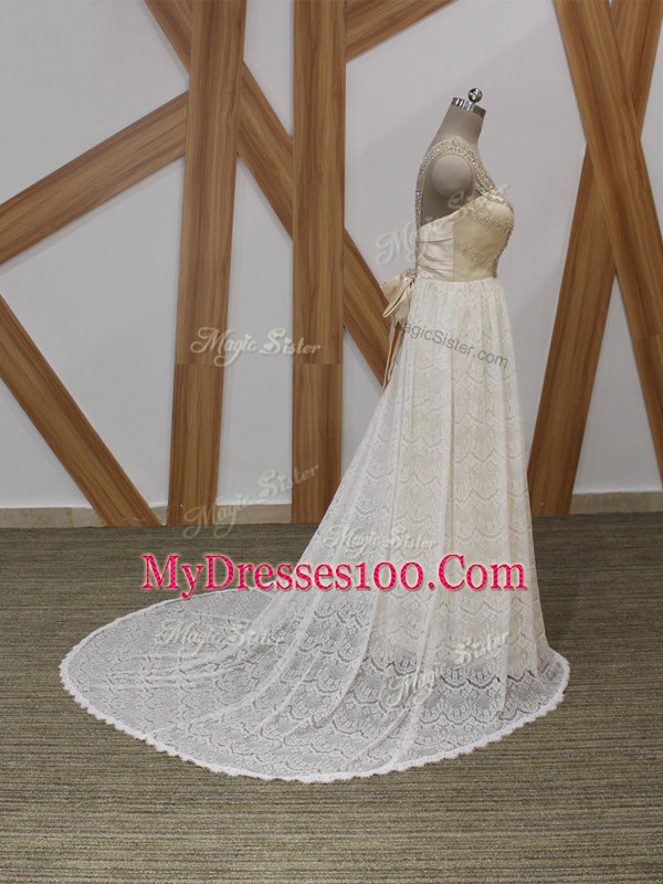 Fitting Sleeveless Brush Train Side Zipper Beading and Lace Wedding Dress