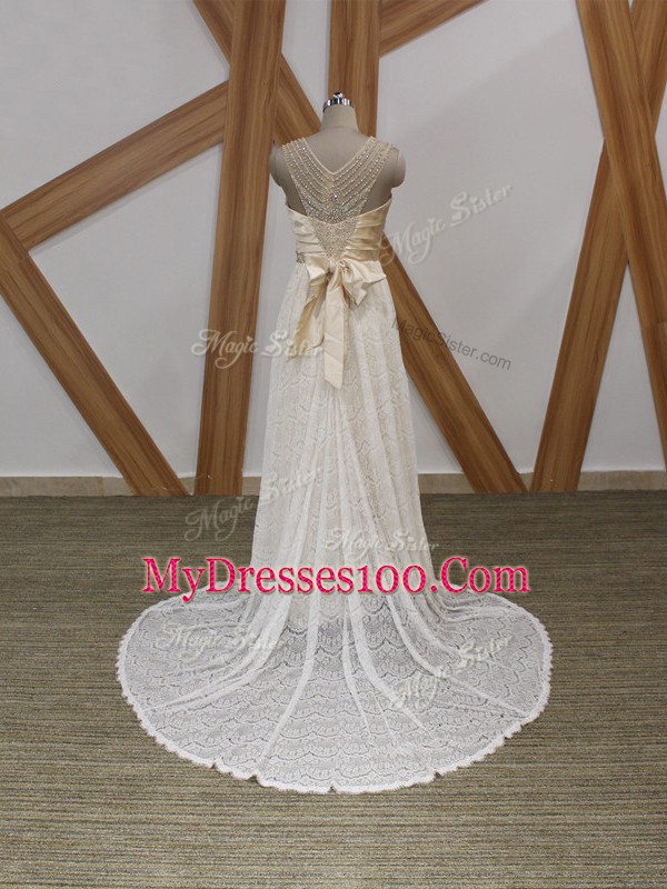 Fitting Sleeveless Brush Train Side Zipper Beading and Lace Wedding Dress