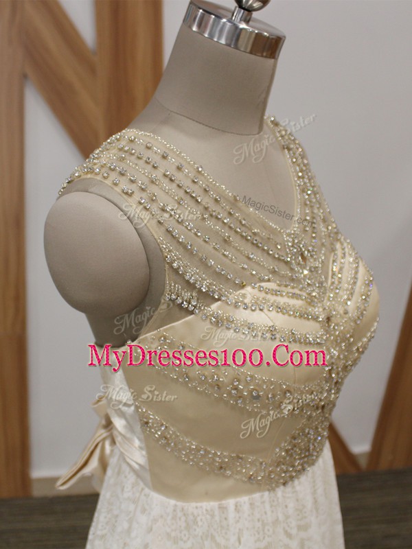 Fitting Sleeveless Brush Train Side Zipper Beading and Lace Wedding Dress
