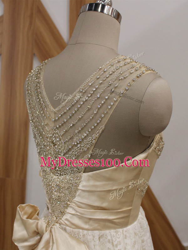 Fitting Sleeveless Brush Train Side Zipper Beading and Lace Wedding Dress