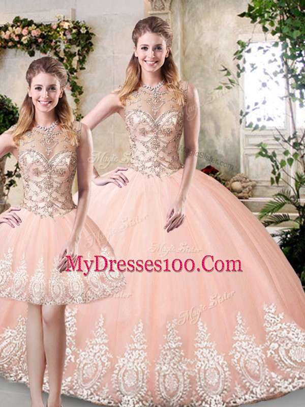 Cute Tulle High-neck Sleeveless Backless Beading and Lace and Appliques Sweet 16 Dresses in Peach