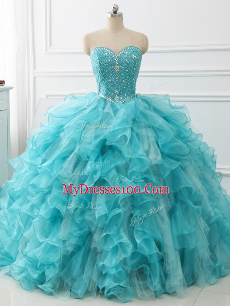 Unique Sweetheart Sleeveless Vestidos de Quinceanera Brush Train Beading and Ruffles Aqua Blue Organza