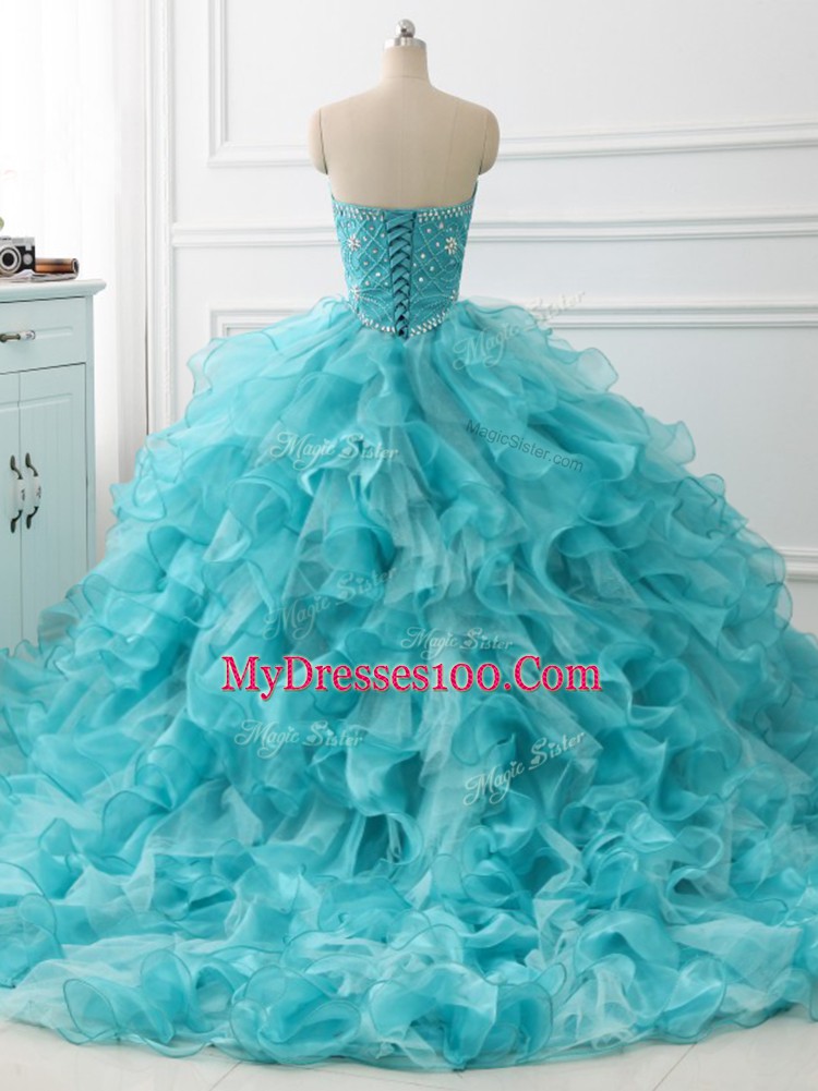 Unique Sweetheart Sleeveless Vestidos de Quinceanera Brush Train Beading and Ruffles Aqua Blue Organza