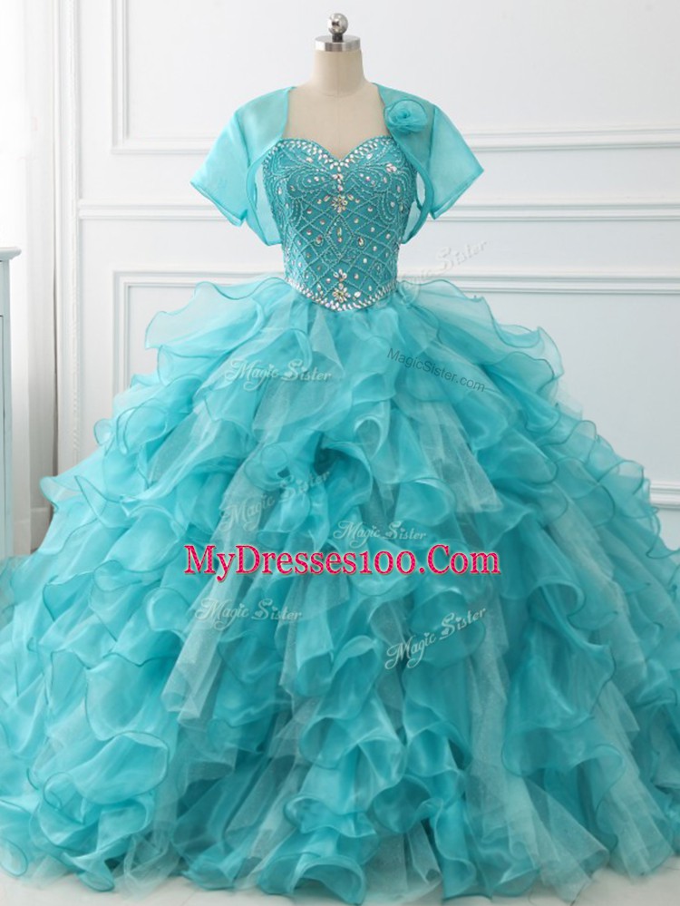 Unique Sweetheart Sleeveless Vestidos de Quinceanera Brush Train Beading and Ruffles Aqua Blue Organza