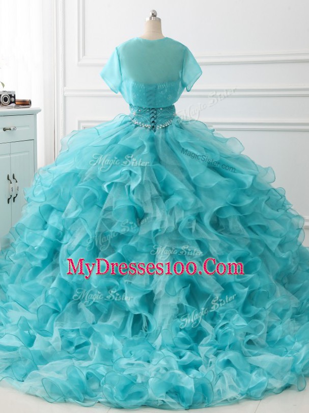 Unique Sweetheart Sleeveless Vestidos de Quinceanera Brush Train Beading and Ruffles Aqua Blue Organza