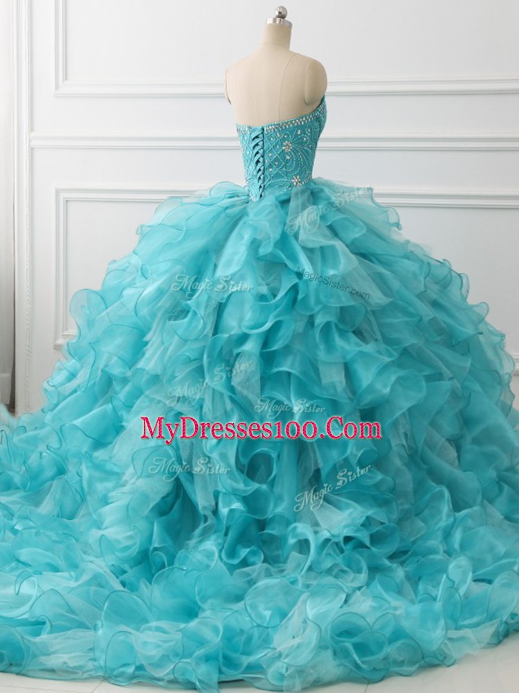Unique Sweetheart Sleeveless Vestidos de Quinceanera Brush Train Beading and Ruffles Aqua Blue Organza