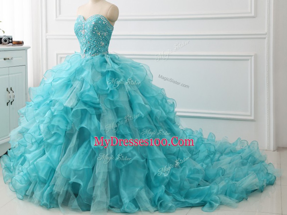 Unique Sweetheart Sleeveless Vestidos de Quinceanera Brush Train Beading and Ruffles Aqua Blue Organza