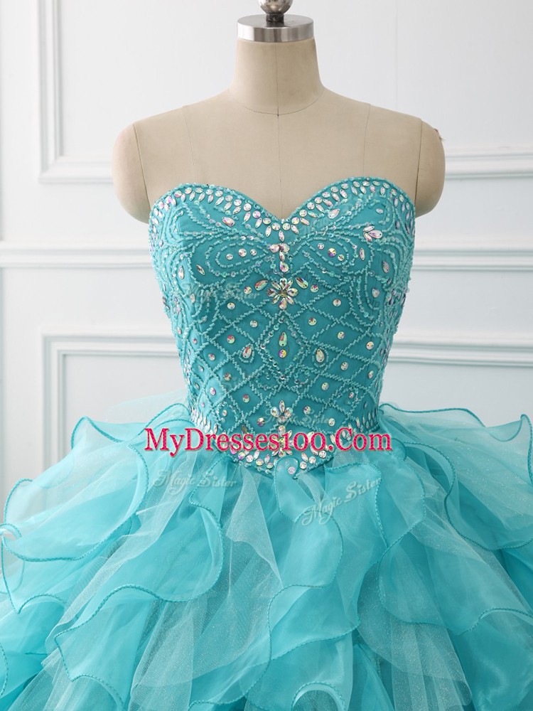 Unique Sweetheart Sleeveless Vestidos de Quinceanera Brush Train Beading and Ruffles Aqua Blue Organza