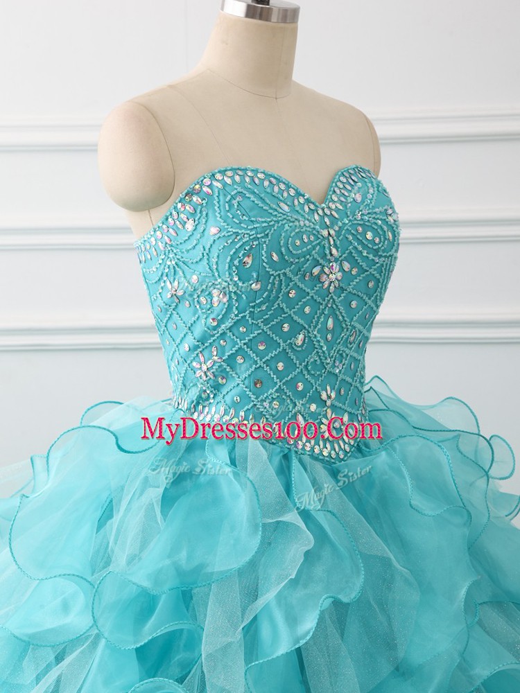 Unique Sweetheart Sleeveless Vestidos de Quinceanera Brush Train Beading and Ruffles Aqua Blue Organza