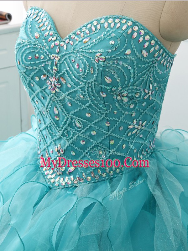 Unique Sweetheart Sleeveless Vestidos de Quinceanera Brush Train Beading and Ruffles Aqua Blue Organza