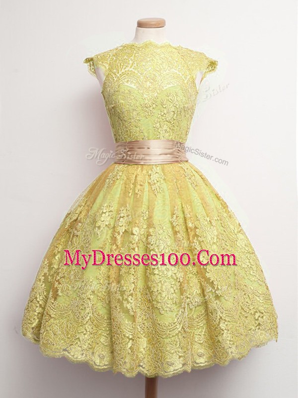 New Arrival Knee Length Lace Up Bridesmaids Dress Gold for Prom and Party and Wedding Party with Belt