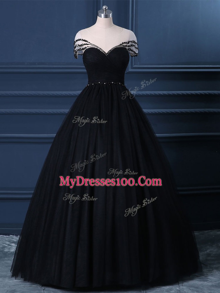 High Quality Floor Length Black Prom Dresses Tulle Short Sleeves Beading