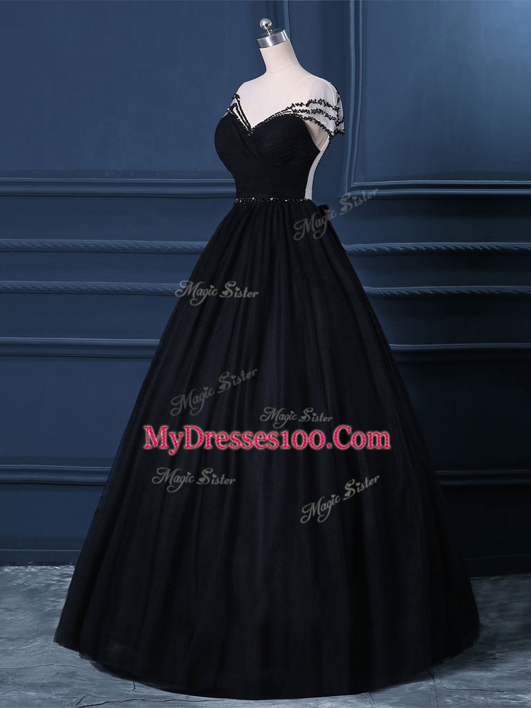 High Quality Floor Length Black Prom Dresses Tulle Short Sleeves Beading