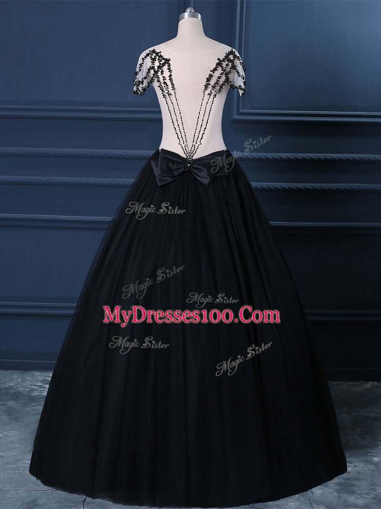 High Quality Floor Length Black Prom Dresses Tulle Short Sleeves Beading