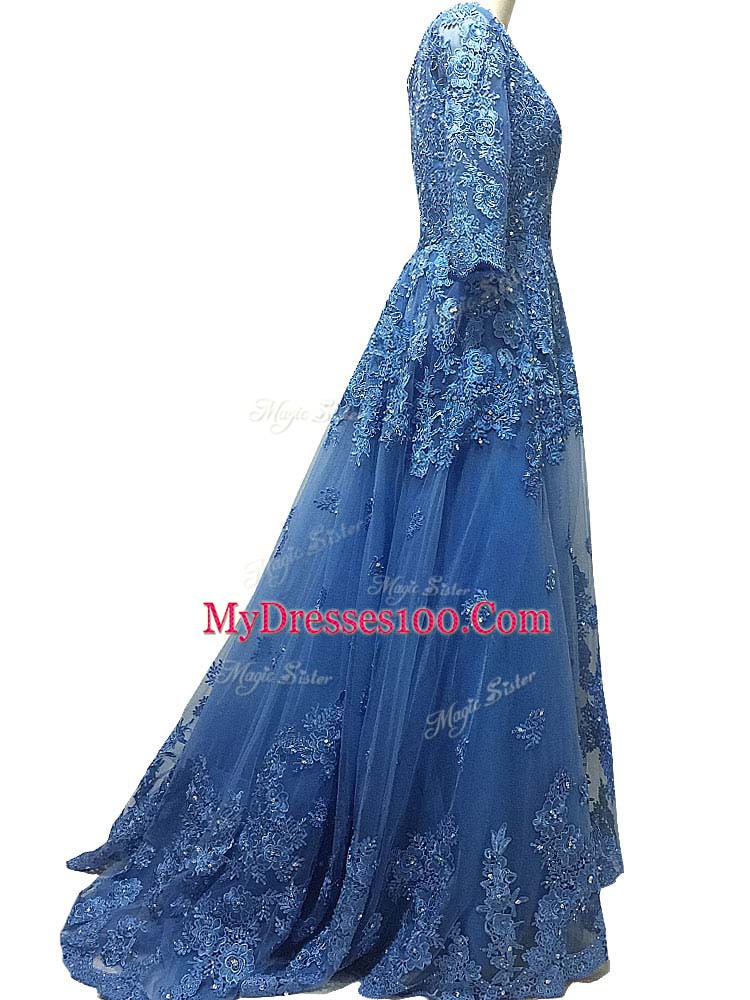 Exceptional Brush Train Empire Dress for Prom Blue Scalloped Tulle 3 4 Length Sleeve Zipper