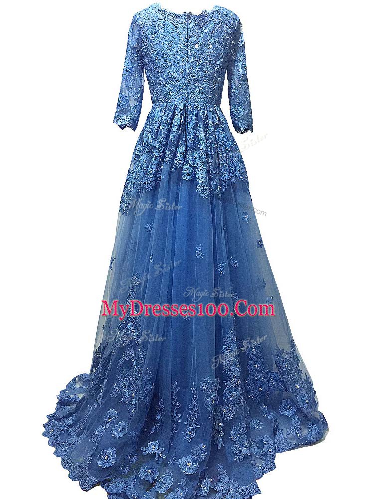 Exceptional Brush Train Empire Dress for Prom Blue Scalloped Tulle 3 4 Length Sleeve Zipper