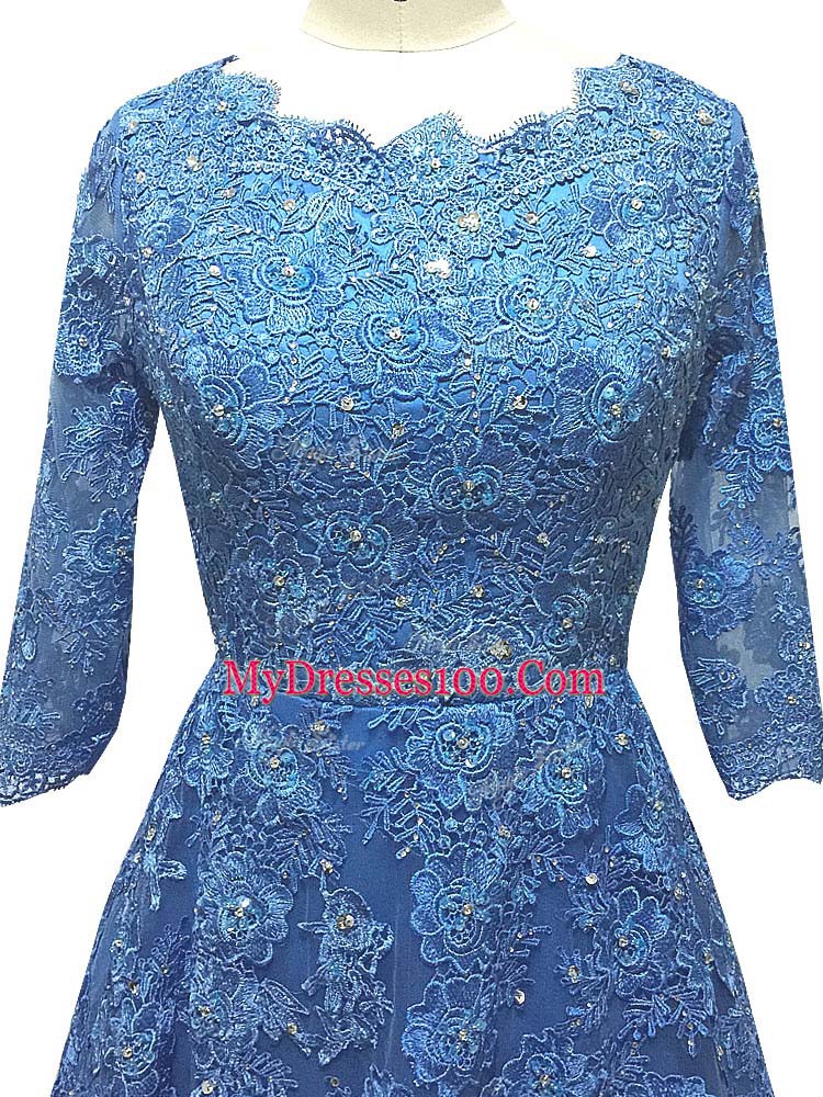 Exceptional Brush Train Empire Dress for Prom Blue Scalloped Tulle 3 4 Length Sleeve Zipper