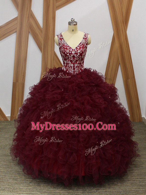 Glorious Burgundy Quinceanera Dresses Military Ball and Sweet 16 and Quinceanera with Beading and Ruffles V-neck Sleeveless Backless