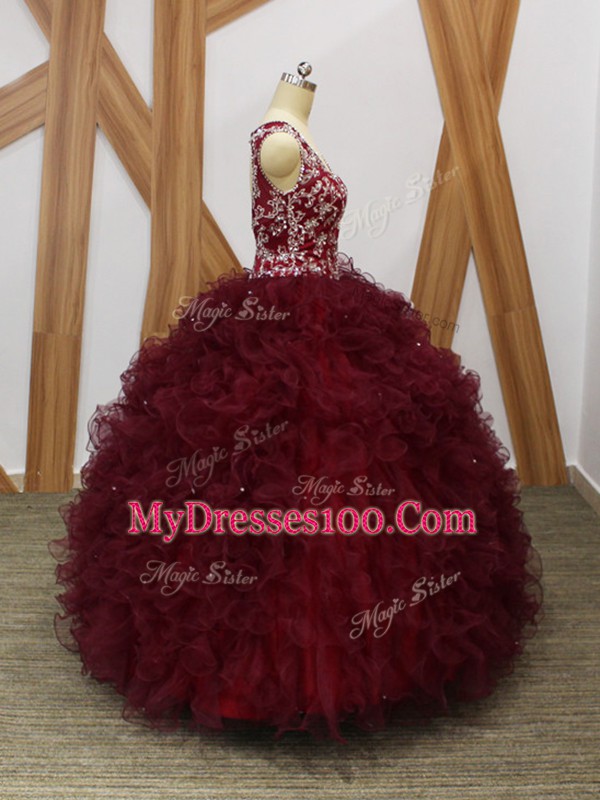 Glorious Burgundy Quinceanera Dresses Military Ball and Sweet 16 and Quinceanera with Beading and Ruffles V-neck Sleeveless Backless
