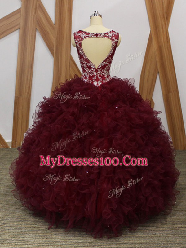 Glorious Burgundy Quinceanera Dresses Military Ball and Sweet 16 and Quinceanera with Beading and Ruffles V-neck Sleeveless Backless