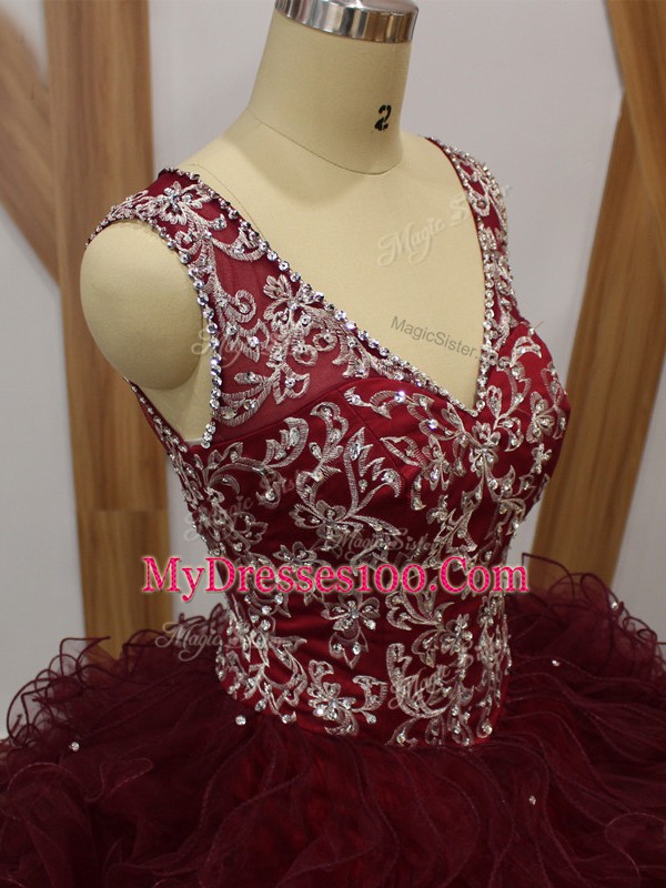 Glorious Burgundy Quinceanera Dresses Military Ball and Sweet 16 and Quinceanera with Beading and Ruffles V-neck Sleeveless Backless