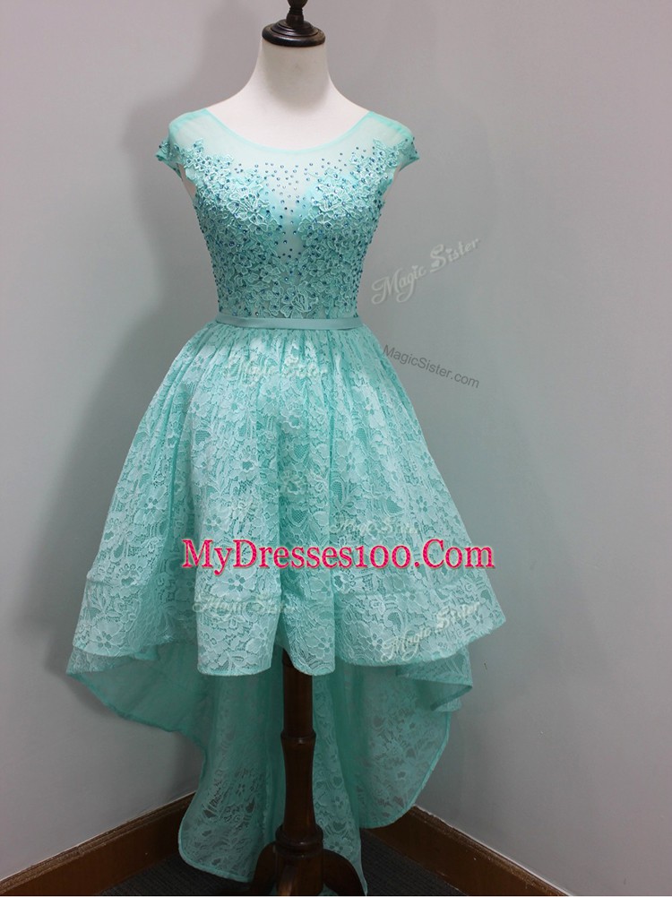Wonderful Aqua Blue Scoop Zipper Beading and Lace Dama Dress for Quinceanera Cap Sleeves