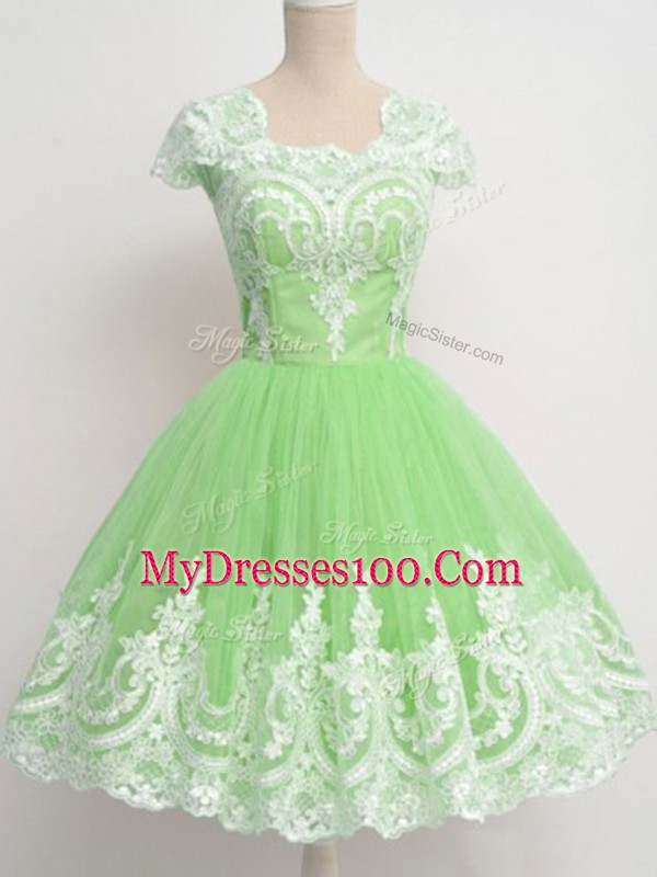 Eye-catching Zipper Square Lace Bridesmaid Gown Tulle Cap Sleeves