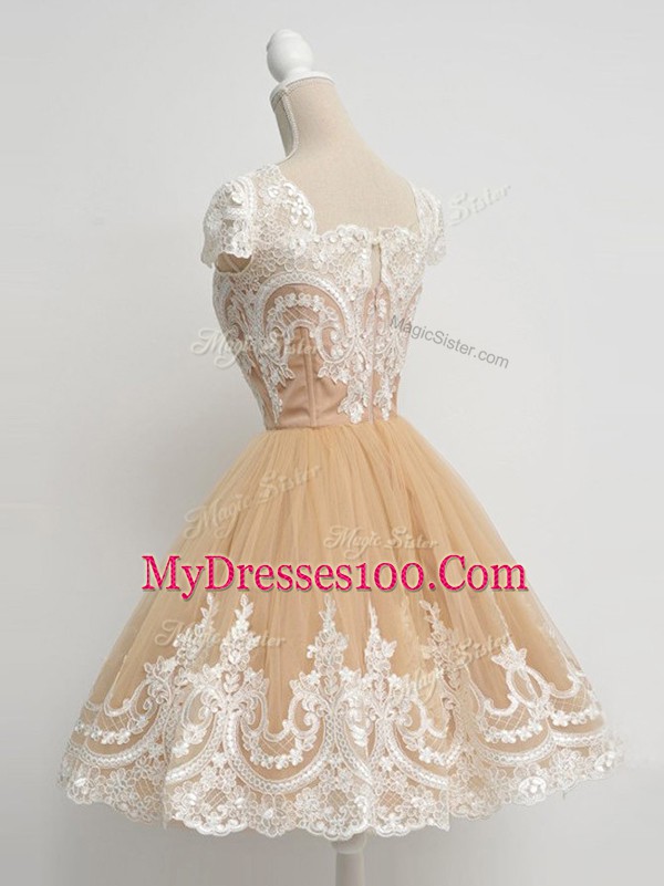 Eye-catching Zipper Square Lace Bridesmaid Gown Tulle Cap Sleeves