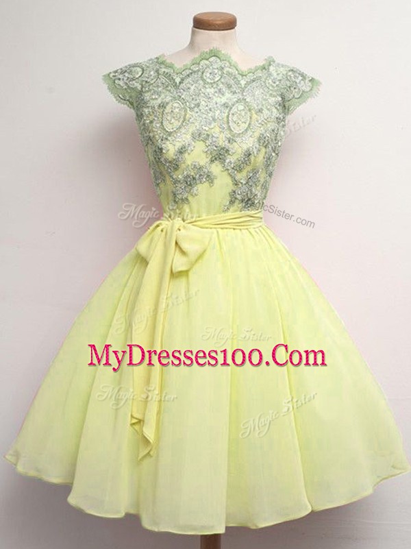 Pretty Yellow Cap Sleeves Knee Length Lace and Belt Lace Up Bridesmaid Dress