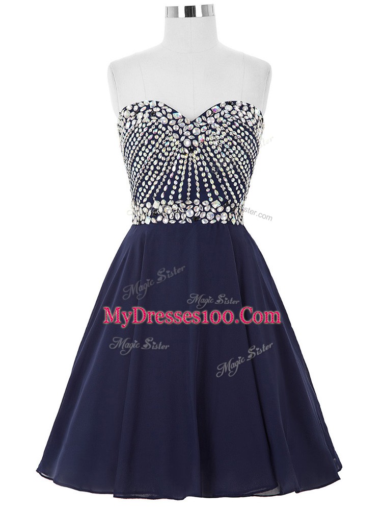 Navy Blue Sleeveless Mini Length Beading Lace Up Cocktail Dresses