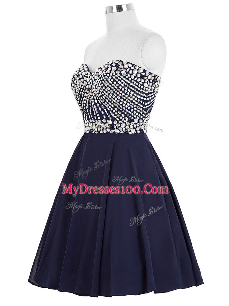 Navy Blue Sleeveless Mini Length Beading Lace Up Cocktail Dresses
