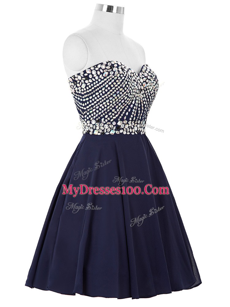 Navy Blue Sleeveless Mini Length Beading Lace Up Cocktail Dresses