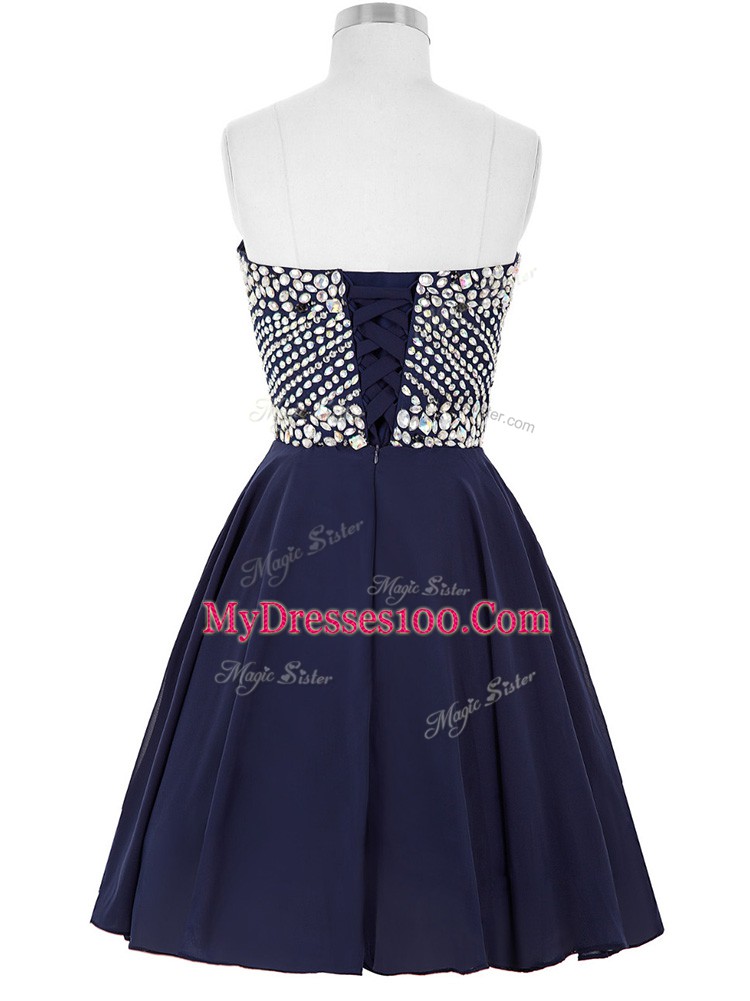 Navy Blue Sleeveless Mini Length Beading Lace Up Cocktail Dresses