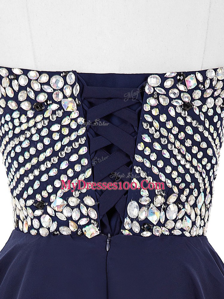 Navy Blue Sleeveless Mini Length Beading Lace Up Cocktail Dresses