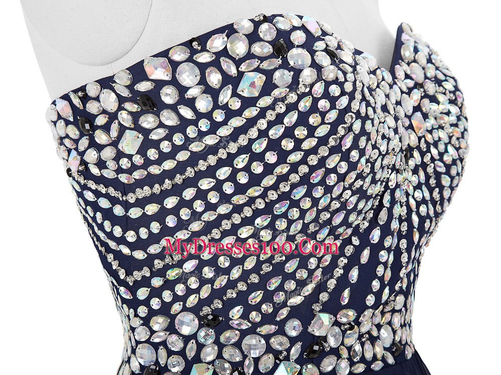 Navy Blue Sleeveless Mini Length Beading Lace Up Cocktail Dresses