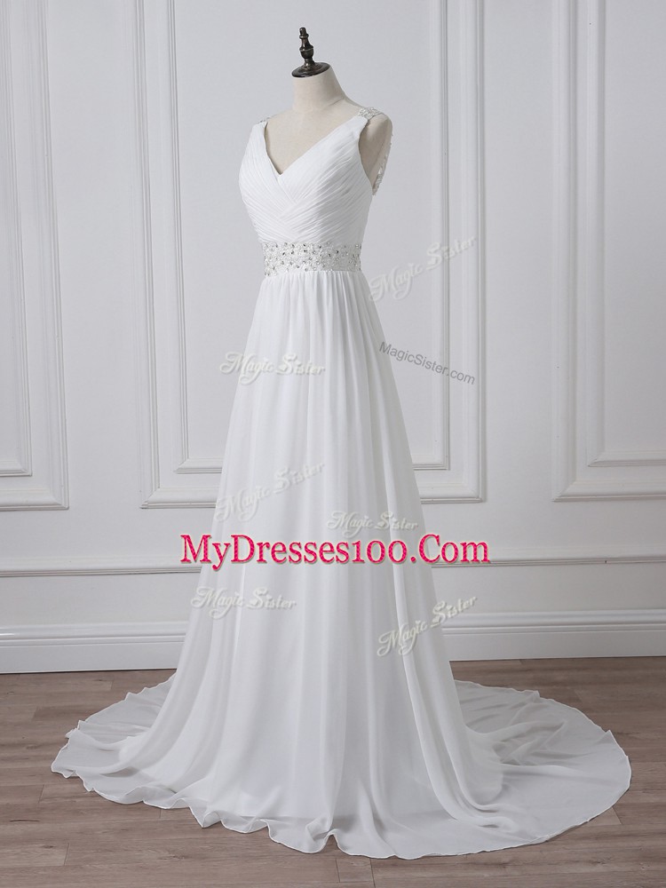 Chiffon V-neck Sleeveless Brush Train Backless Beading and Ruching Wedding Dresses in White