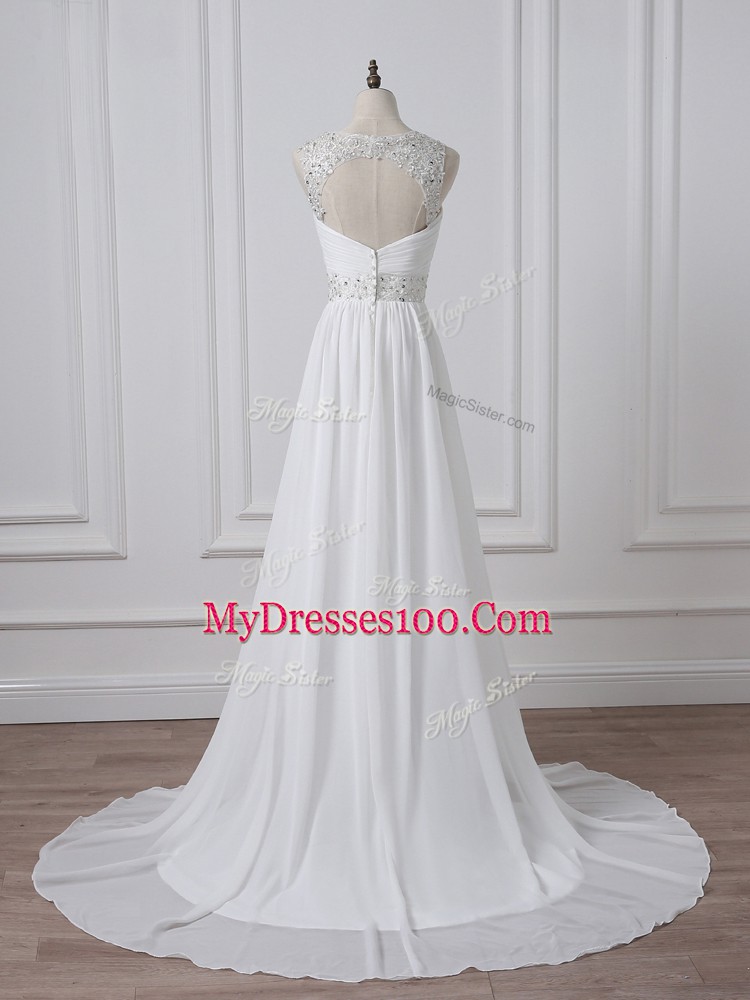 Chiffon V-neck Sleeveless Brush Train Backless Beading and Ruching Wedding Dresses in White