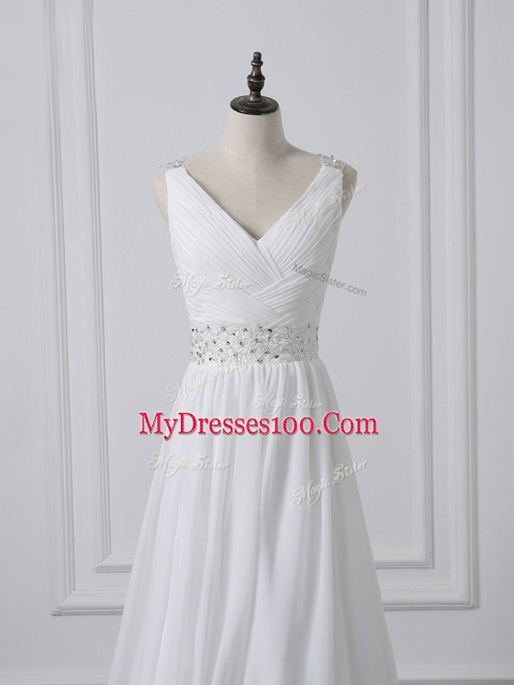 Chiffon V-neck Sleeveless Brush Train Backless Beading and Ruching Wedding Dresses in White