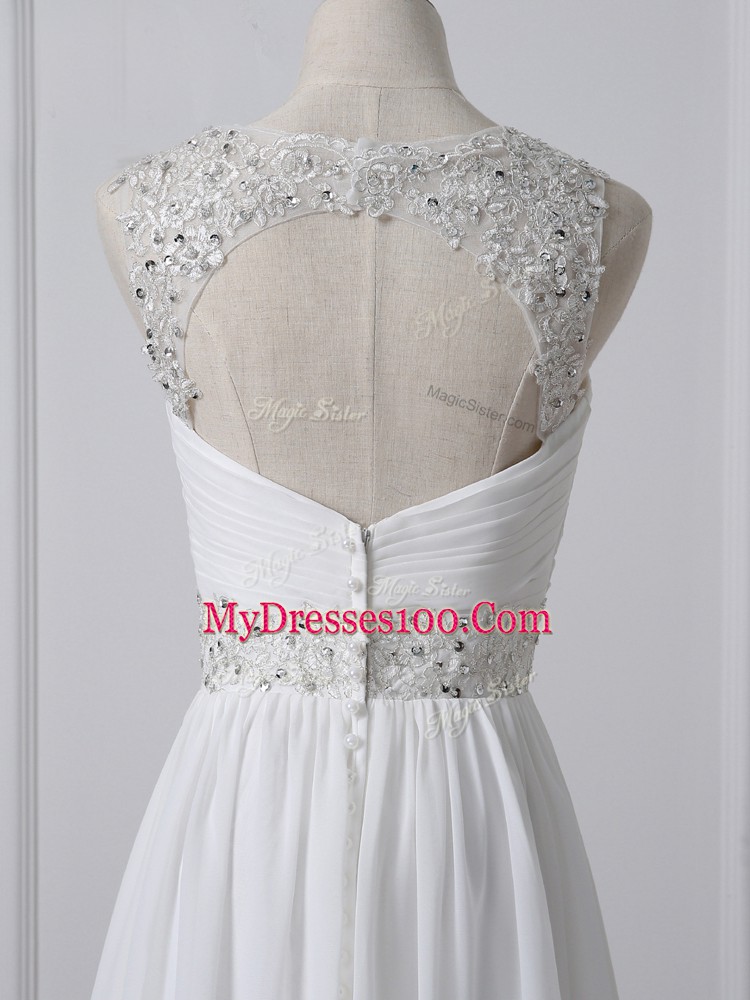 Chiffon V-neck Sleeveless Brush Train Backless Beading and Ruching Wedding Dresses in White
