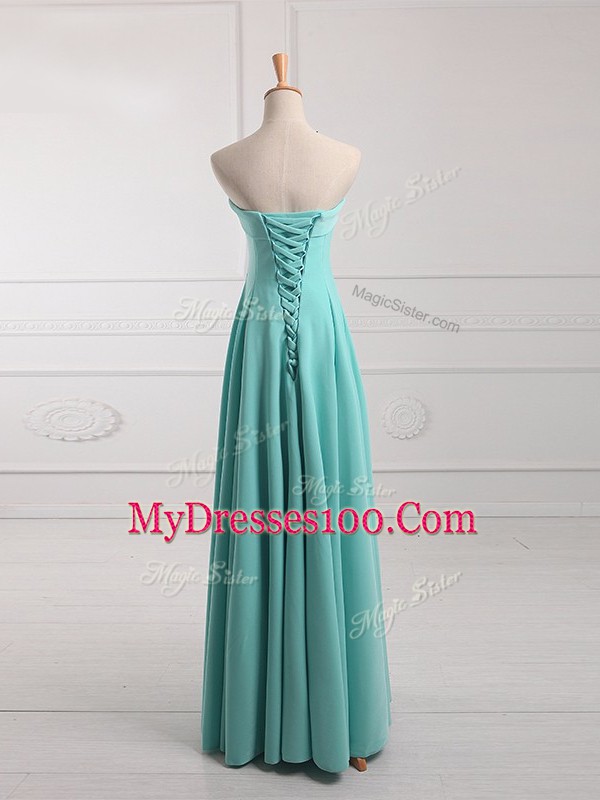 Aqua Blue Chiffon Lace Up Strapless Sleeveless Floor Length Quinceanera Court of Honor Dress Ruching