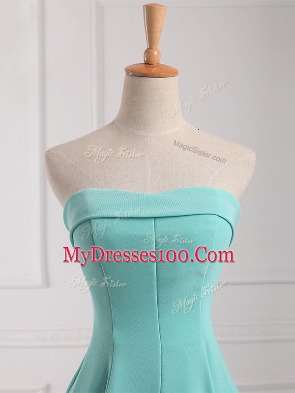 Aqua Blue Chiffon Lace Up Strapless Sleeveless Floor Length Quinceanera Court of Honor Dress Ruching