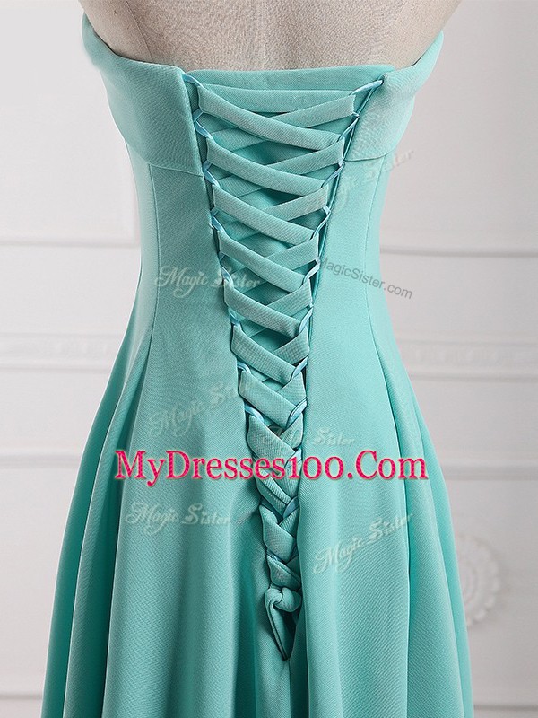 Aqua Blue Chiffon Lace Up Strapless Sleeveless Floor Length Quinceanera Court of Honor Dress Ruching