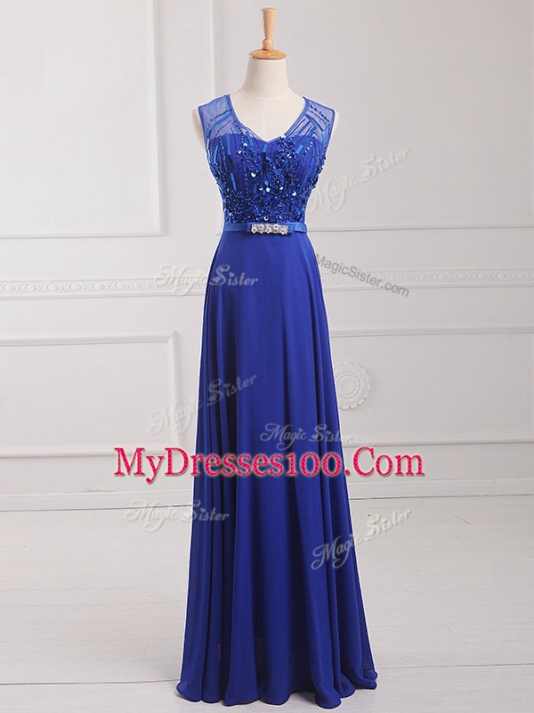 Best Royal Blue Empire Beading and Belt Prom Gown Zipper Chiffon Sleeveless Floor Length