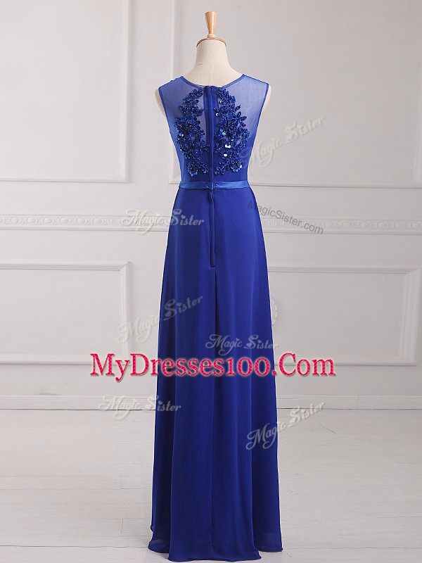 Best Royal Blue Empire Beading and Belt Prom Gown Zipper Chiffon Sleeveless Floor Length