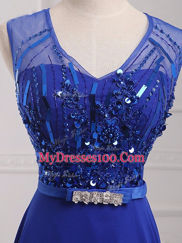 Best Royal Blue Empire Beading and Belt Prom Gown Zipper Chiffon Sleeveless Floor Length