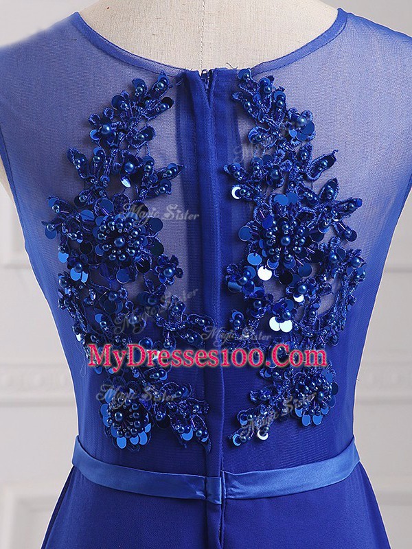 Best Royal Blue Empire Beading and Belt Prom Gown Zipper Chiffon Sleeveless Floor Length